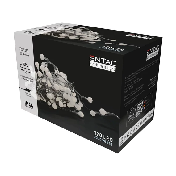 Mini gömb kültéri LED karácsonyi fényfüzér, 8 funkciós (9m/120 LED) hideg fehér